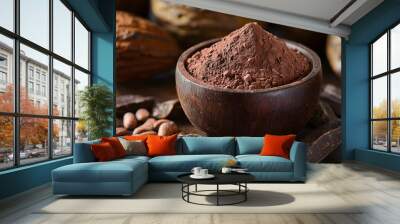 Fresh cocoa powder in wooden bowl with crushed chocolate pieces and cocoa beans. National Cocoa Day Wall mural