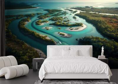 Blue river that flows into the sea, aerial view, illustration ai Wall mural