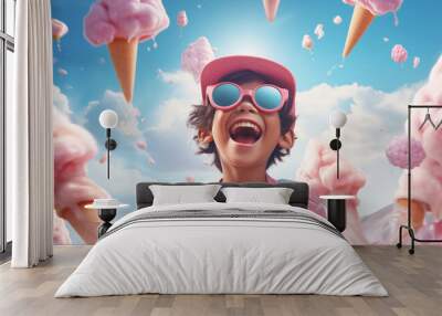 Happy kid with ice cream on colorful background, concept of ice cream world, generated ai Wall mural