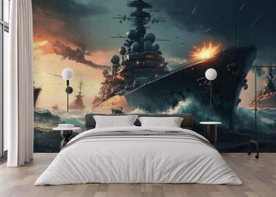 Modern warships fighting on the sea battlefield, war zone, Generative AI Wall mural