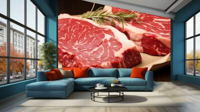 Raw ribeye steaks packaged together in paper, on wooden table, generated ai Wall mural