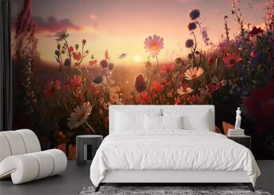 Wild flower field on beautiful sunset landscape, illustration generative AI Wall mural