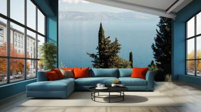 beautiful view of blue water with mountains in the distance and blue sky in greece with green trees in the foreground. Wall mural