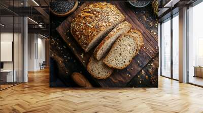 A freshly baked sourdough loaf with whole grain flour, sliced and arranged on a wooden board,luffy bread emphasizes comfort, health, and homemade goodness.greentea
 Wall mural