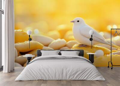 A small white bird perched on a glossy black stone at the shoreline during early morning light, feeling peace and relax  Wall mural