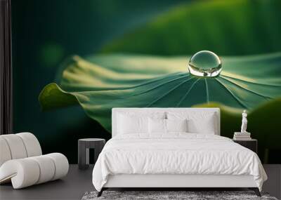 Capture a detailed macro shot of a big water droplet spathes gently suspended on the tip of a green lotus leaf, with soft sunlight illuminating the leaf’s texture Wall mural