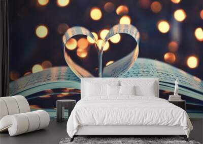 Sheet music in the shape of a heart with music notes and soft background lighting Wall mural