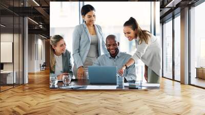 Business people, laptop and meeting for team idea, strategy or collaboration on group project at the office. Employee workers in teamwork, planning or brainstorming for online marketing on computer Wall mural