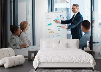 Business presentation, strategy and meeting of a corporate man showing finance data to team. Accounting management office group collaboration while working and planning a financial marketing project Wall mural