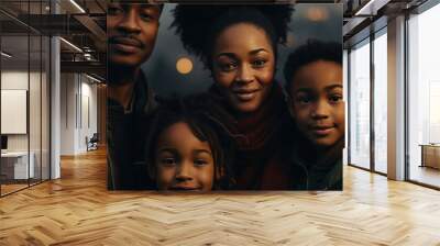 Portrait of African ethnicity parents piggy back son and daughter posing indoors. Pretty family looking at camera photo shoot in modern apartment at home, happy parenthood family services ad concept Wall mural