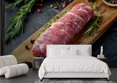  a fresh raw pork tenderloin on a wooden board, placed on a natural slate table. suitable for a supermarket poster Wall mural