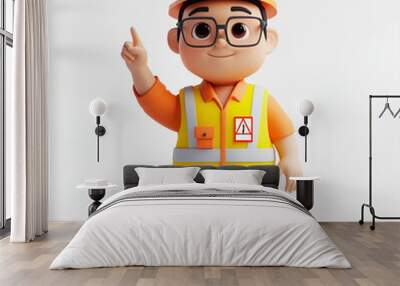 a 3D Asian cartoon-style safety officer engineer in various professional working poses on a construction site. The character wears a high-visibility safety vest, helmet, and gloves. Wall mural