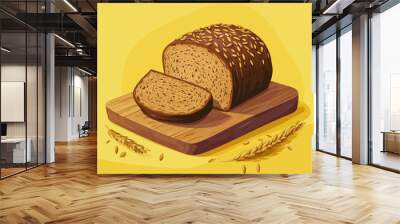 A freshly baked sourdough loaf with whole grain flour, sliced and arranged on a wooden board,luffy bread emphasizes comfort, health, and homemade goodness.
 Wall mural