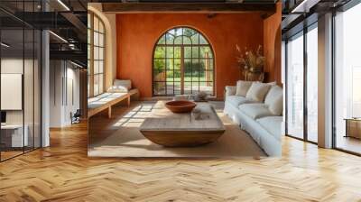 A Japandi-modern fusion living room featuring a wooden accent ellipse coffee table between two light, minimalist sofas, a sleek fireplace, and a large window
 Wall mural