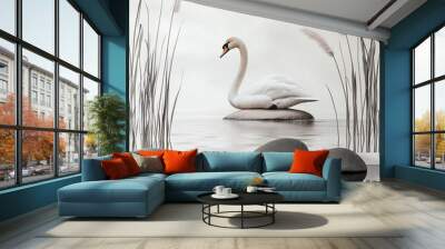 A small white bird stands on a wet black rock, surrounded by smooth pebbles, in the soft light of dawn by the water's edge. Wall mural