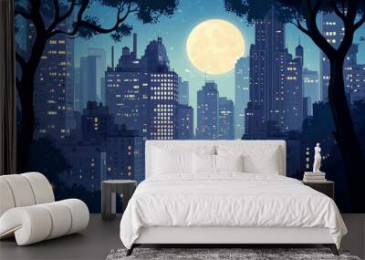 a tranquil night scene in New York City, where the towering buildings stand under the soft glow of the moon. Wall mural