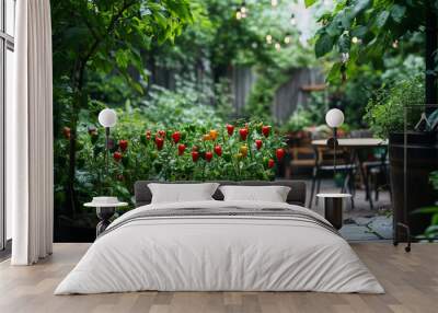 An apartment windowsill herb garden. The dark soil contrasts with the bright green leaves, and the view of the relaxing cityscape Wall mural