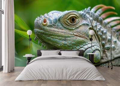 A Large Green Iguana Up Close Large Green Iguana On A Green Background Wall mural