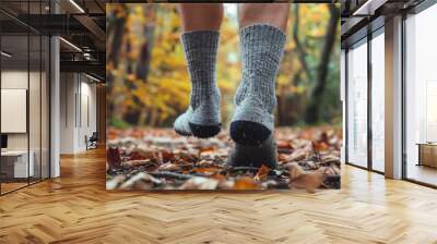 A young male who wears socks but no shoes ventures outside in a gray sock Wall mural