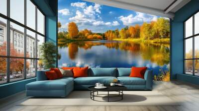 Beautiful Summer Landscape With Pretty River And Colorful Trees View Of The Sky With Beautiful Clouds Stock Photo Wall mural