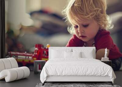 Blond toddler playing with fire trucks at home. Wall mural