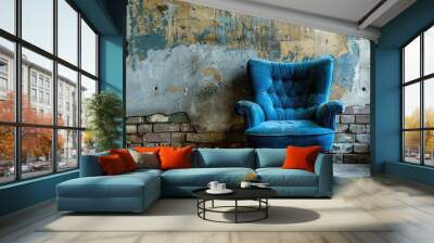 Blue chair against brick wall Wall mural