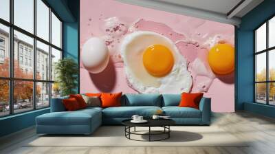 Cooking four eggs one is cracked in a flat lay concept Wall mural