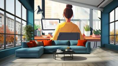 Female freelancer hoping while working from her home office. Wall mural