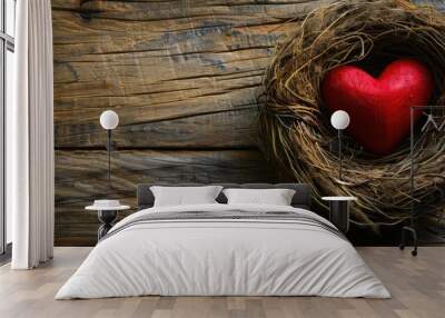 Heart in nest on wooden background with empty space Wall mural