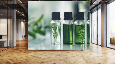 Herbal extract in green HPLC vials on white background with copy space for developing natural drugs Wall mural