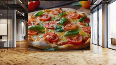 Homemade Italian Pizza With Mozzarella Tomatoes And Basil Leaves Selective Focus Wall mural