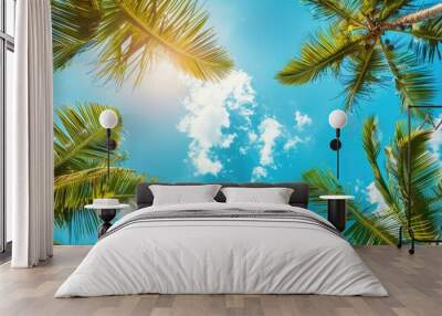 Look Up View Of Coconut Leaf With Blue Sky Background Tropical Summer Beach Holiday Vacation Traveling Wall mural