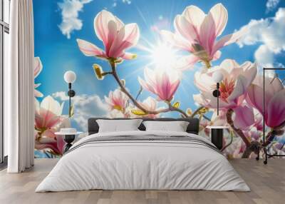 Magnolia tree flowers in bloom on a sunny day Wall mural