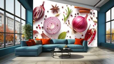 Onion And Spices Isolated On White Background Top View Wall mural