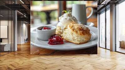 Scone served with jam and clotted cream on a white plate on a wooden table Wall mural