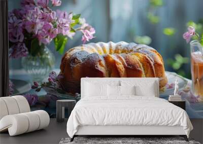 Summer Sweet Loaf Cake On A Table With Flowers And A Drink In Glasses Dessert For Brunch Or Morning Breakfast Wall mural