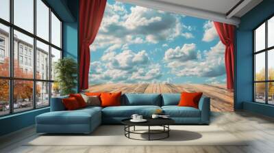 Template for product display and copy space with red curtain on wooden floor and sky background theater stage interior Wall mural