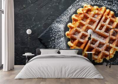 Top down view of Belgian waffle topped with powdered sugar on slate surface Blank area for text Wall mural