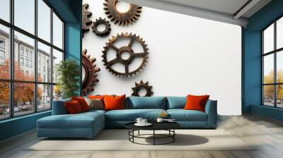 Variety of cog wheels on white background with space for text Wall mural