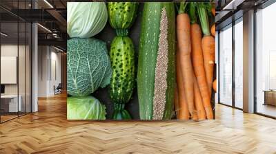 Variety of well liked vegetables and their seeds displayed in a collage pumpkins cabbage carrots cucumbers and zucchini Idea of gardening in spring and summer depicted Close up shot from to Wall mural