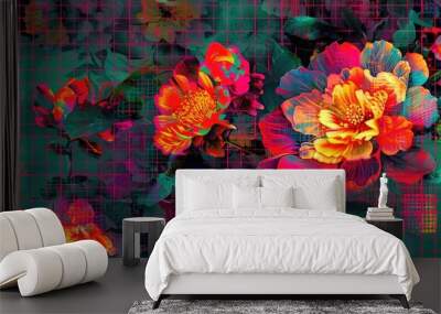 Vibrant colors on a grid background featuring a pixelated floral design Wall mural