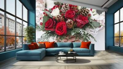 Winter Bouquet Of The Bride Red Roses Fir Branches Cones Rings Snowflake Wall mural