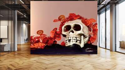 Tag der Toten, Halloween, Dia de Muertos, Totenkopf, menschlicher Schädel mit Kürbissen Wall mural