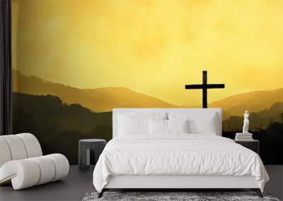  A digital painting of an Easter scene with the silhouette of crosses on top of small hills, against a backdrop of golden and pink sky, symbolizing Jesus' triumph over death Wall mural