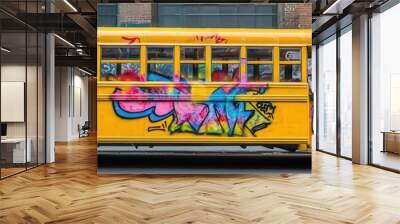 A classic yellow school bus, painted with vibrant graffiti, parked in an urban environment Wall mural