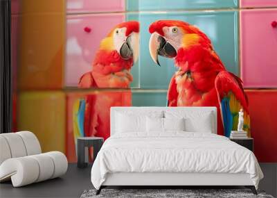 a parrot looking at myself in the mirror on tiled color background Wall mural