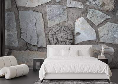 A round saw cut down of a tree between the laying of stones of various shapes Wall mural