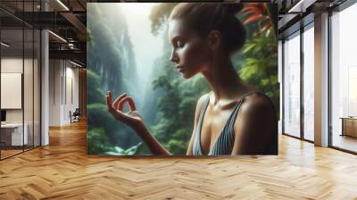 A serene woman, deep in concentration, engages in mindful breathing exercises amidst the tranquil backdrop of nature Wall mural