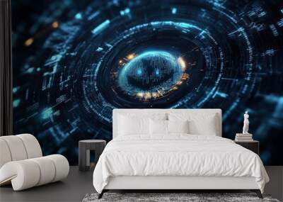 AI-driven threat detection visualized as an intelligent, glowing eye, surrounded by layers of security codes, dark cyber aesthetic Wall mural