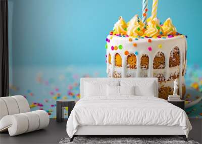 birthday cake small dessert with colorful sugar decoration isolated on colorful background Wall mural